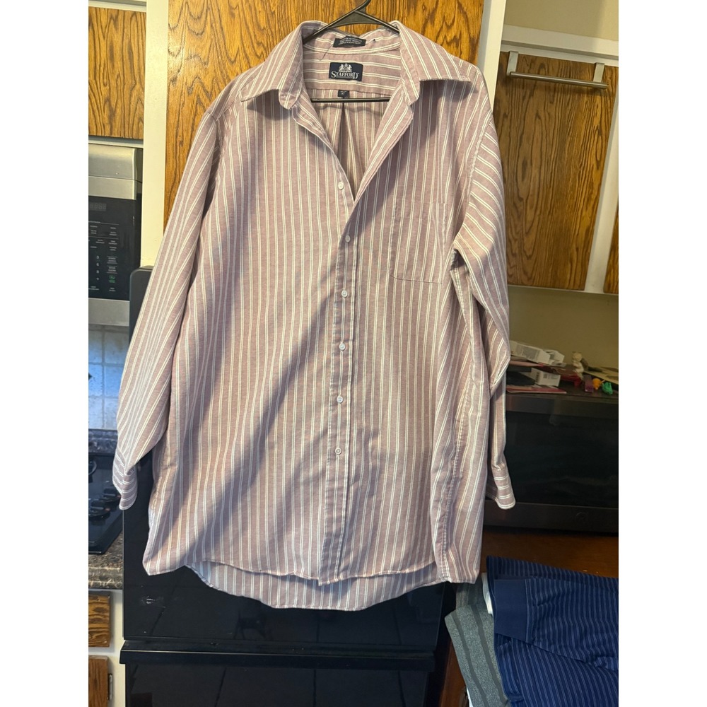 Stafford Mens Striped Dress Shirt Burgundy White Long Sleeve 18-36 XT Extra Tall